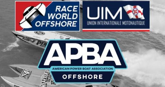 Composite graphic featuring APBA Offshore, UIM, and Race World Offshore logos over a black-and-white background image of offshore powerboats racing on the water.