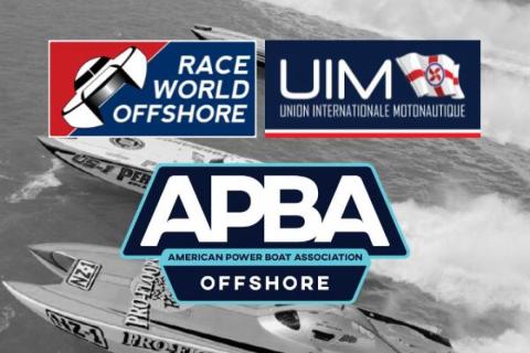 Composite graphic featuring APBA Offshore, UIM, and Race World Offshore logos over a black-and-white background image of offshore powerboats racing on the water.